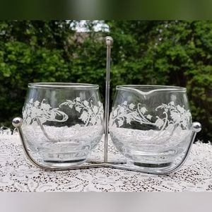 Vintage Libbey Glass Lily Of The Valley Cream & Sugar Set with metal caddy